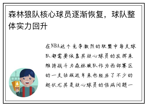 森林狼队核心球员逐渐恢复，球队整体实力回升